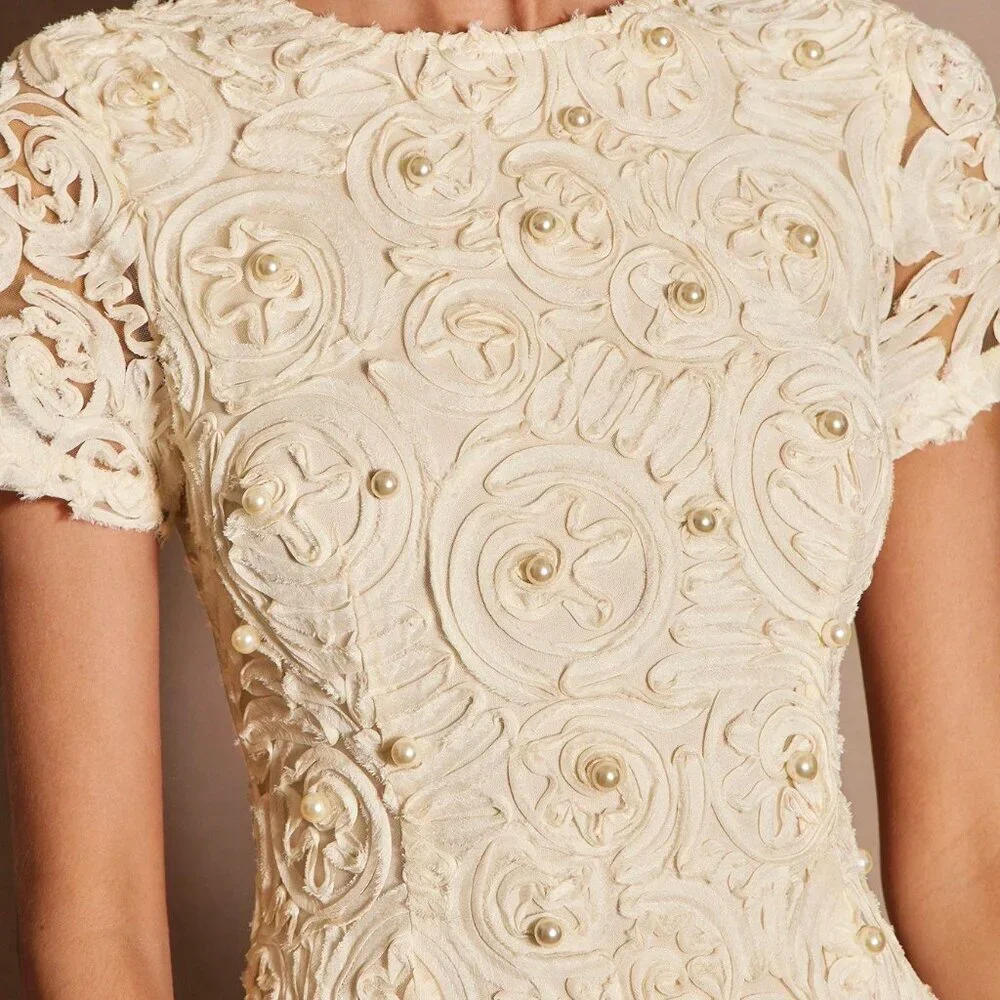 Apricot Elegant Women's 3d Floral Embroidered Mini Dress - Picture 7 of 7